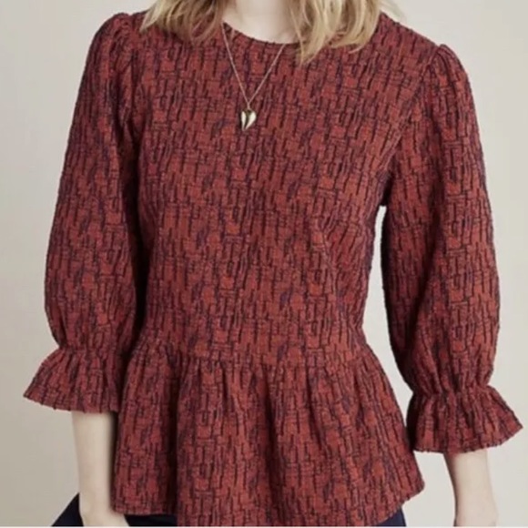 Anthropologie Tops - Ro & De Anthropologie Dark Orange & Navy Blue‎ Perette Peplum Top Size S